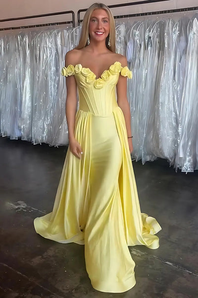 Yellow Satin Off the Shoulder Mermaid Long Prom Dresses with Flowers, Mermaid Yellow Formal Graduation Evening Dresses WT1686