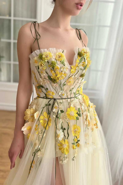 Yellow Tulle A Line High Slit Long Prom Dresses with Appliques, Yellow Floral Formal Evening Dresses WT1466