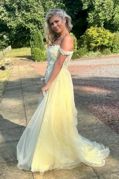 Yellow Tulle Off the Shoulder Lace Long Prom Dresses with Slit, Yellow Lace Formal Dresses, Off Shoulder Yellow Evening Dresses WT1762