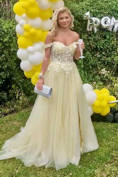 Yellow Tulle Off the Shoulder Lace Long Prom Dresses with Slit, Yellow Lace Formal Dresses, Off Shoulder Yellow Evening Dresses WT1762