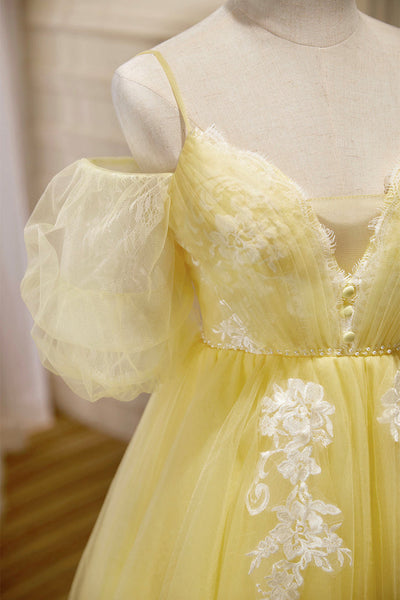 Yellow Tulle Off the Shoulder V Neck Lace Prom Dresses, Off Shoulder Yellow Homecoming Dresses, Short Yellow Lace Formal Evening Dresses WT1260