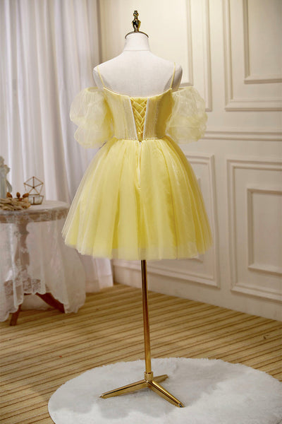 Yellow Tulle Off the Shoulder V Neck Lace Prom Dresses, Off Shoulder Yellow Homecoming Dresses, Short Yellow Lace Formal Evening Dresses WT1260