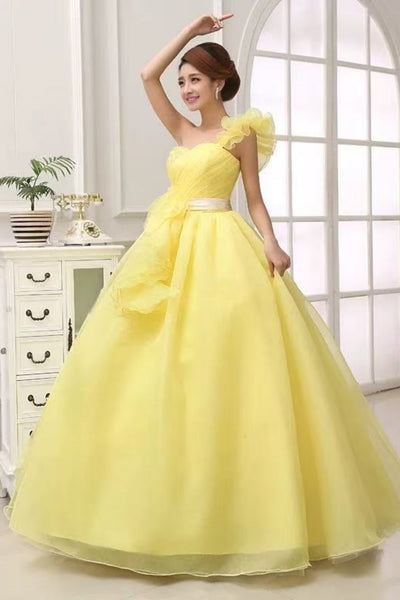 Yellow Tulle One Shoulder Long Prom Dresses with Flowers, One Shoulder Yellow Formal Graduation Evening Dresses WT1711