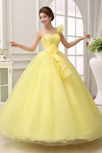 Yellow Tulle One Shoulder Long Prom Dresses with Flowers, One Shoulder Yellow Formal Graduation Evening Dresses WT1711
