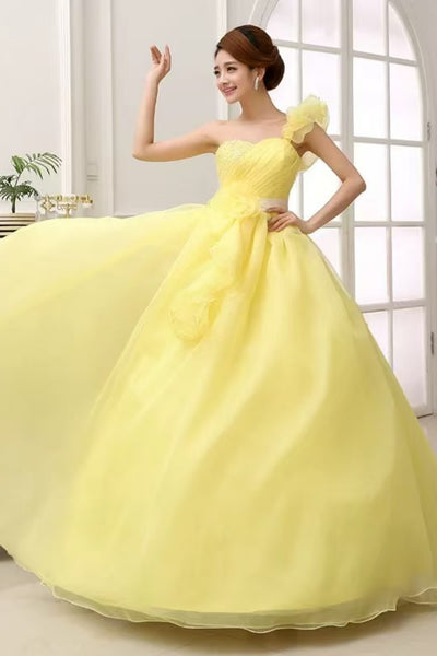 Yellow Tulle One Shoulder Long Prom Dresses with Flowers, One Shoulder Yellow Formal Graduation Evening Dresses WT1711
