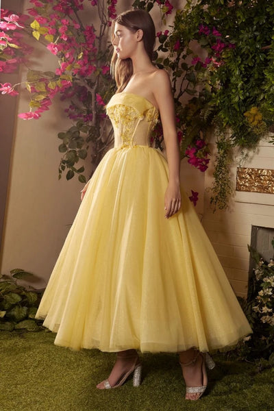 Yellow Tulle Strapless Tea Length Lace Prom Dresses, Yellow Lace Formal Graduation Evening Dresses