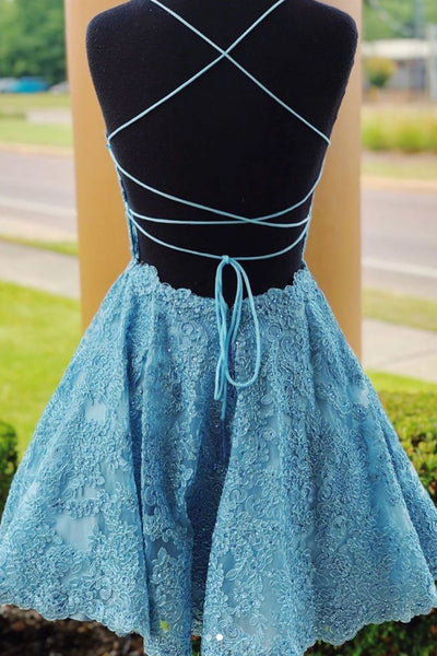 A Line Backless Blue Lace Short Prom Homecoming Dresses, Blue Lace Formal Graduation Evening Dresses