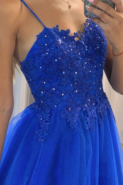 A Line Blue Lace Tulle Beaded Long Prom Dresses, Black Lace Formal Dresses, Blue Evening Dresses