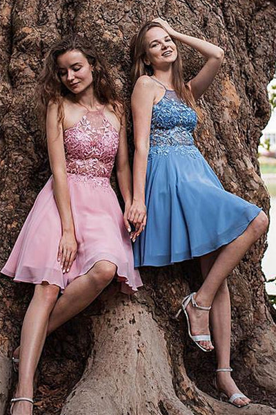 A Line Blue/Pink Lace Short Prom Homecoming Dresses, Blue/Pink Lace Formal Graduation Evening Dresses WT1022