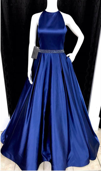 A Line Blue Satin Long Prom Dresses with Belt, Long Blue Formal Graduation Evening Dresses