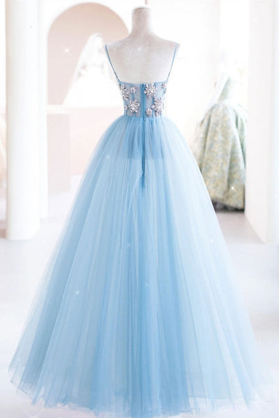 A Line Open Back Light Blue Tulle Long Prom Dresses with Beaded Flowers, Beaded Light Blue Tulle Formal Evening Dresses