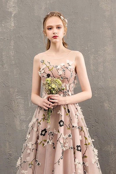 A Line Round Neck Floral Pink Tea Length Prom Dresses, Floral Pink Formal Graduation Evening Dresses