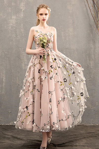 A Line Round Neck Floral Pink Tea Length Prom Dresses, Floral Pink Formal Graduation Evening Dresses