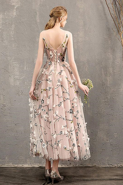 A Line Round Neck Floral Pink Tea Length Prom Dresses, Floral Pink Formal Graduation Evening Dresses