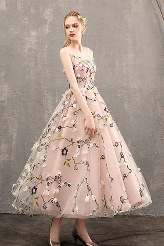 A Line Round Neck Floral Pink Tea Length Prom Dresses, Floral Pink Formal Graduation Evening Dresses