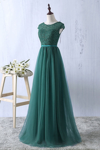 A Line Round Neck Green Tulle Lace Long Prom Dresses, Green Lace Formal Dresses, Green Evening Dresses