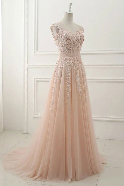 A Line Round Neck Pink Tulle Lace Long Prom Dresses, Pink Lace Formal Graduation Evening Dresses