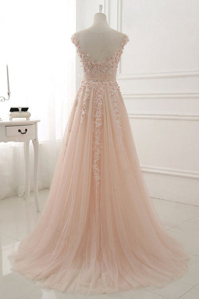 A Line Round Neck Pink Tulle Lace Long Prom Dresses, Pink Lace Formal Graduation Evening Dresses