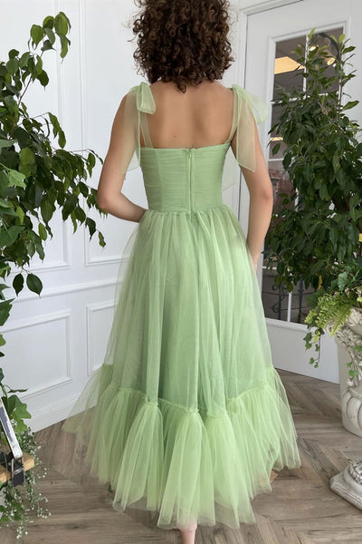 A Line Spaghetti Straps Green Tulle Tea Length Prom Dresses, Green Tulle Formal Graduation Evening Dresses