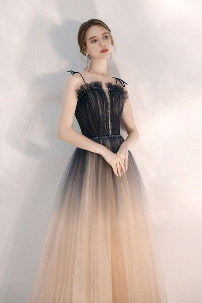 A Line Thin Straps Ombre Tulle Long Prom Dresses, Long Ombre Formal Graduation Evening Dresses