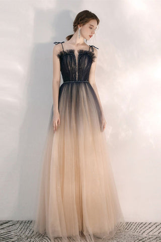 A Line Thin Straps Ombre Tulle Long Prom Dresses, Long Ombre Formal Graduation Evening Dresses