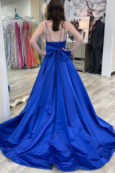 A Line V Neck Backless Royal Blue Long Prom Dresses, V Neck Royal Blue Formal Graduation Evening Dresses