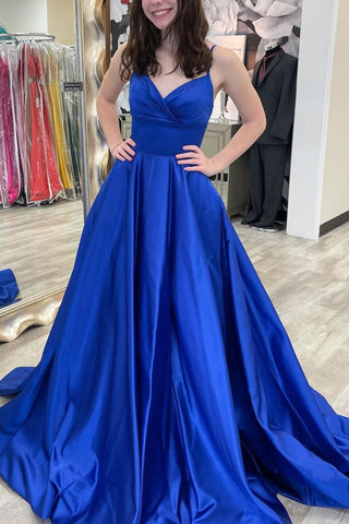 A Line V Neck Backless Royal Blue Long Prom Dresses, V Neck Royal Blue Formal Graduation Evening Dresses