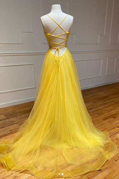 A Line V Neck Backless Yellow Tulle Long Prom Dresses, V Neck Yellow Formal Dresses, Backless Yellow Evening Dresses