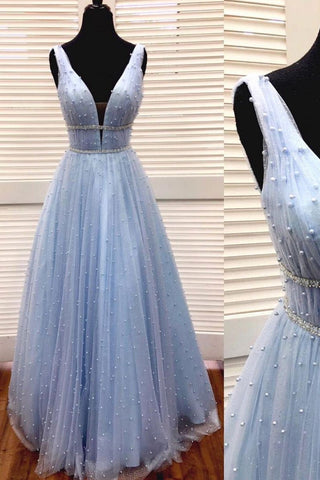 A Line V Neck Beaded Blue Long Prom Dresses, V Neck Blue Beaded Formal Graduation Evening Dresses