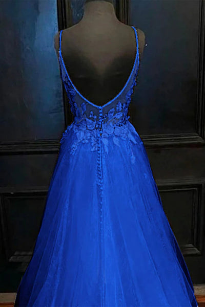 A Line V Neck Blue Tulle Lace Long Prom Dresses, V Neck Blue Formal Dresses, Blue Lace Evening Dresses