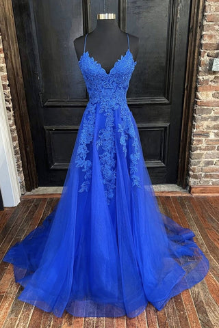 A Line V Neck Blue Tulle Lace Long Prom Dresses, V Neck Blue Formal Dresses, Blue Lace Evening Dresses