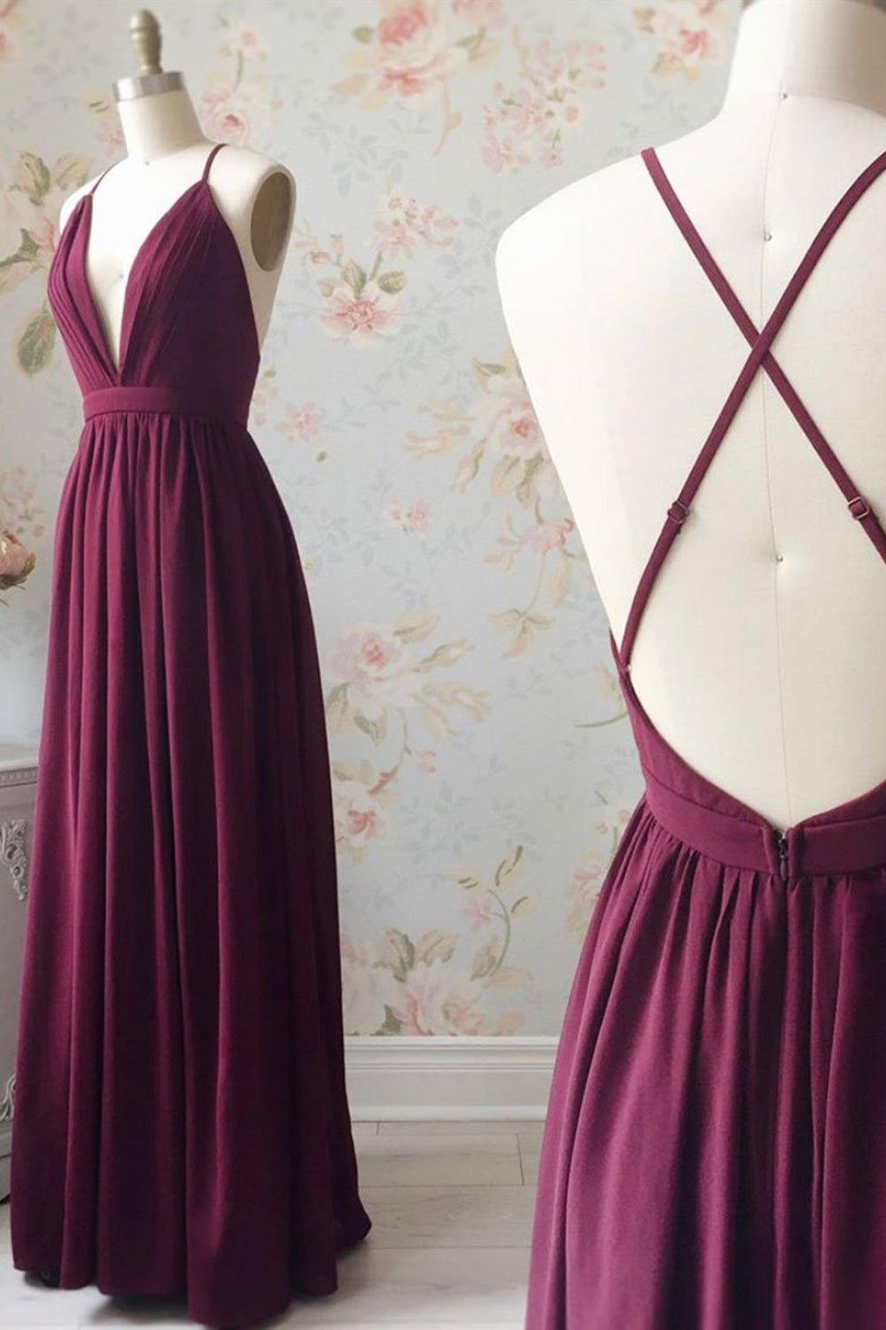 A Line V Neck Burgundy Backless Long Prom Dresses, Backless Burgundy Formal Dresses, Burgundy Evening Dresses