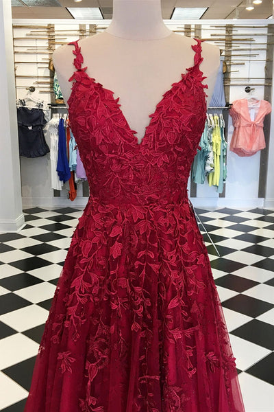 A Line V Neck Burgundy Lace Long Prom Dresses, V Neck Burgundy Formal Dresses, Burgundy Lace Evening Dresses