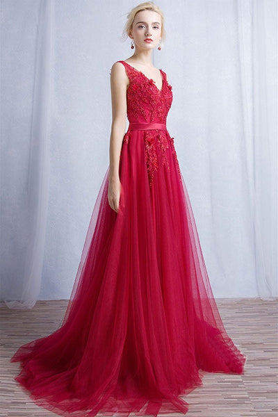 A Line V Neck Burgundy Tulle Lace Long Prom Dresses, V Neck Burgundy Formal Dresses, Burgundy Lace Evening Dresses