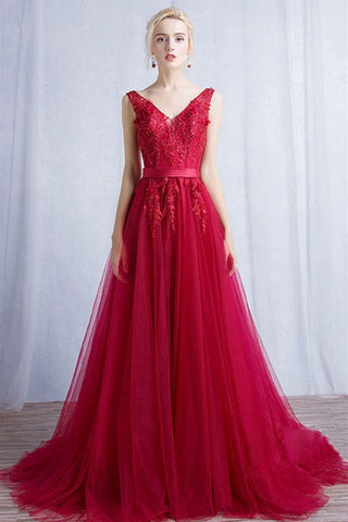 A Line V Neck Burgundy Tulle Lace Long Prom Dresses, V Neck Burgundy Formal Dresses, Burgundy Lace Evening Dresses