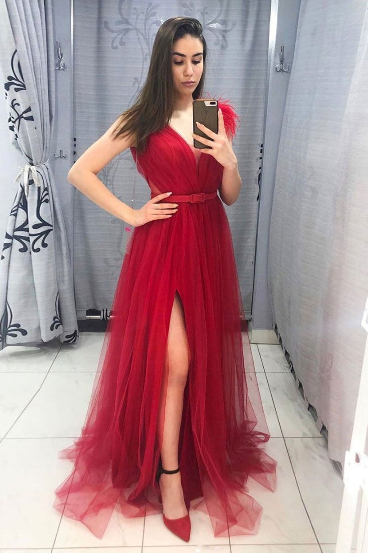 A Line V Neck Burgundy Tulle Long Prom Dresses, High Slit Burgundy Formal Dresses, Burgundy Evening Dresses