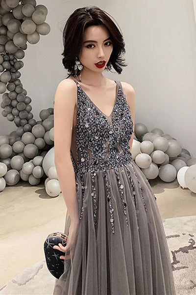 A Line V Neck Gray Beaded Long Prom Dresses, V Neck Grey Formal Dresses, Beaded Gray Evening Dresses