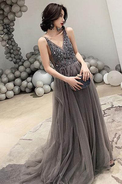 A Line V Neck Gray Beaded Long Prom Dresses, V Neck Grey Formal Dresses, Beaded Gray Evening Dresses