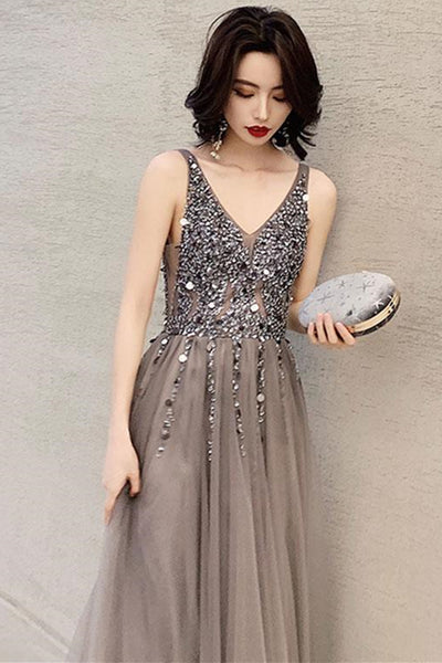 A Line V Neck Gray Beaded Long Prom Dresses, V Neck Grey Formal Dresses, Beaded Gray Evening Dresses