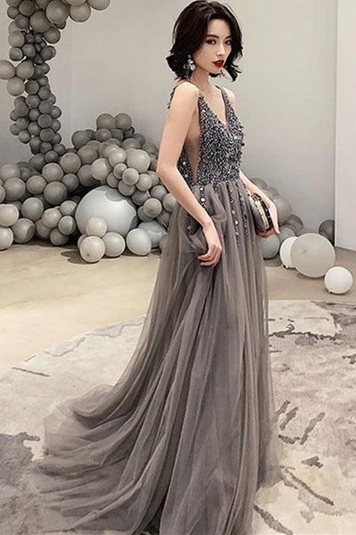 A Line V Neck Gray Beaded Long Prom Dresses, V Neck Grey Formal Dresses, Beaded Gray Evening Dresses