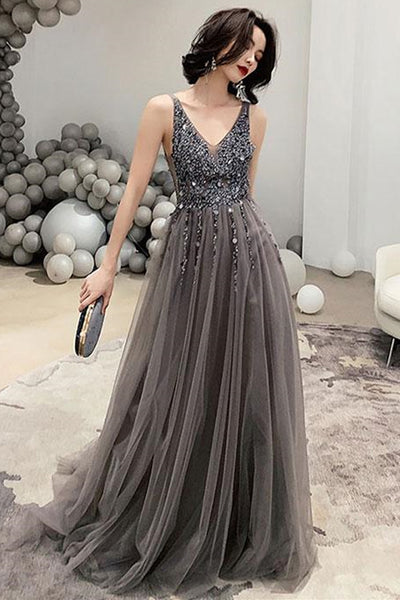 A Line V Neck Gray Beaded Long Prom Dresses, V Neck Grey Formal Dresses, Beaded Gray Evening Dresses