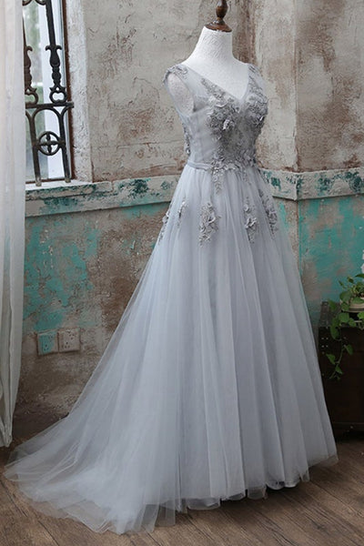 A Line V Neck Gray Lace Floral Long Prom Dresses, Gray Tulle Lace Formal Dresses, Gray Evening Dresses with Appliques