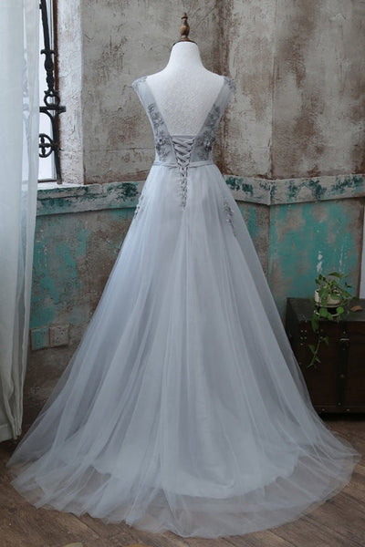 A Line V Neck Gray Lace Floral Long Prom Dresses, Gray Tulle Lace Formal Dresses, Gray Evening Dresses with Appliques