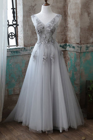A Line V Neck Gray Lace Floral Long Prom Dresses, Gray Tulle Lace Formal Dresses, Gray Evening Dresses with Appliques