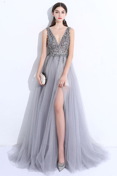 A Line V Neck Gray Tulle Beaded Long Prom Dresses, V Neck Gray Formal Dresses with Sequins, Beaded Gray Evening Dresses