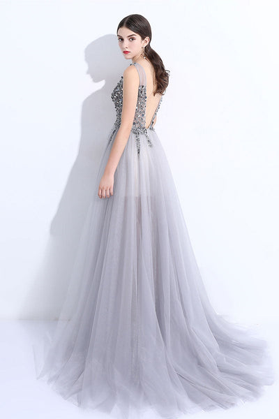 A Line V Neck Gray Tulle Beaded Long Prom Dresses, V Neck Gray Formal Dresses with Sequins, Beaded Gray Evening Dresses