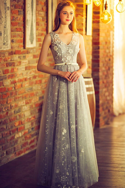 A Line V Neck Gray Tulle Floral Long Prom Dresses, V Neck Gray Formal Dresses, Grey Evening Dresses with 3D Flowers