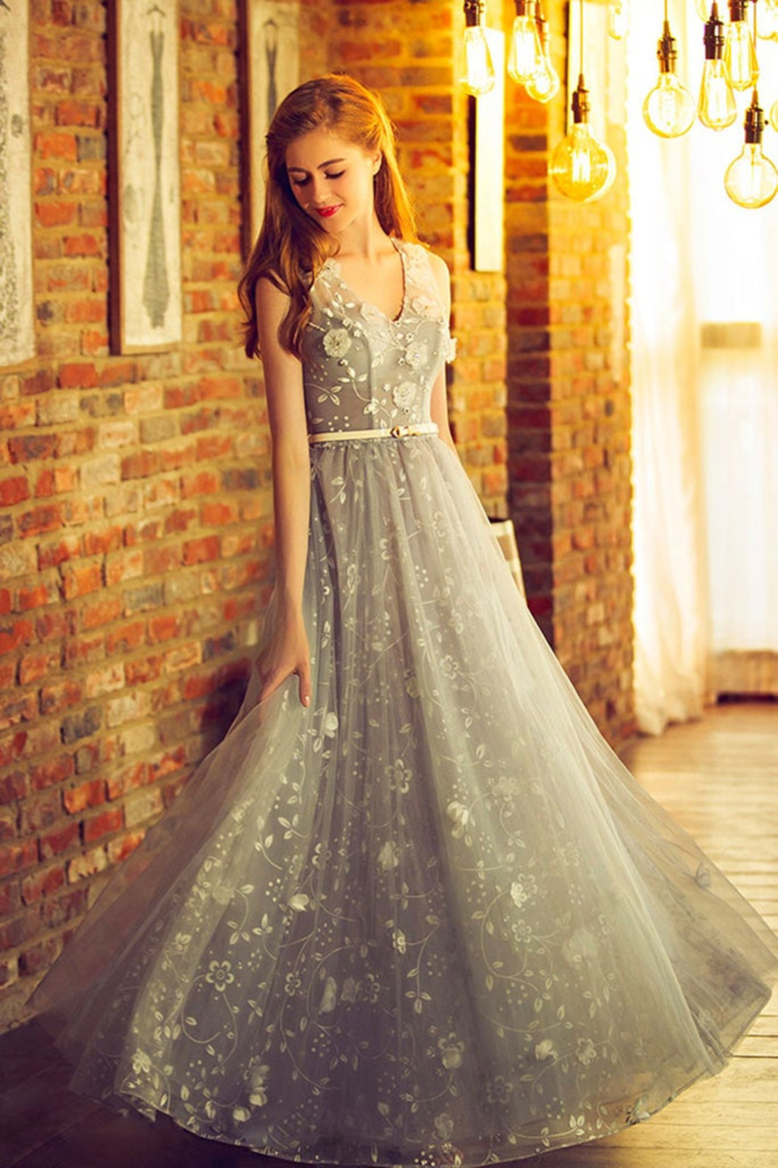 A Line V Neck Gray Tulle Floral Long Prom Dresses, V Neck Gray Formal Dresses, Grey Evening Dresses with 3D Flowers