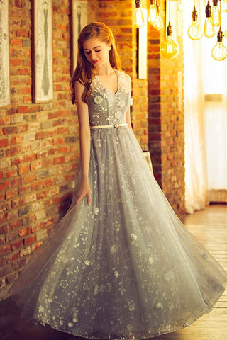 A Line V Neck Gray Tulle Floral Long Prom Dresses, V Neck Gray Formal Dresses, Grey Evening Dresses with 3D Flowers