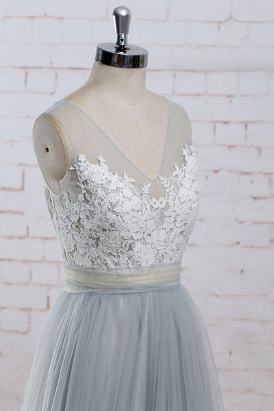 A Line V Neck Gray Tulle Long Prom Dresses with Lace Top, V Neck Gray Formal Dresses, Gray Lace Evening Dresses
